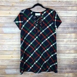 JOA Lace Up Short Sleeve Mini Plaid Sheath Dress